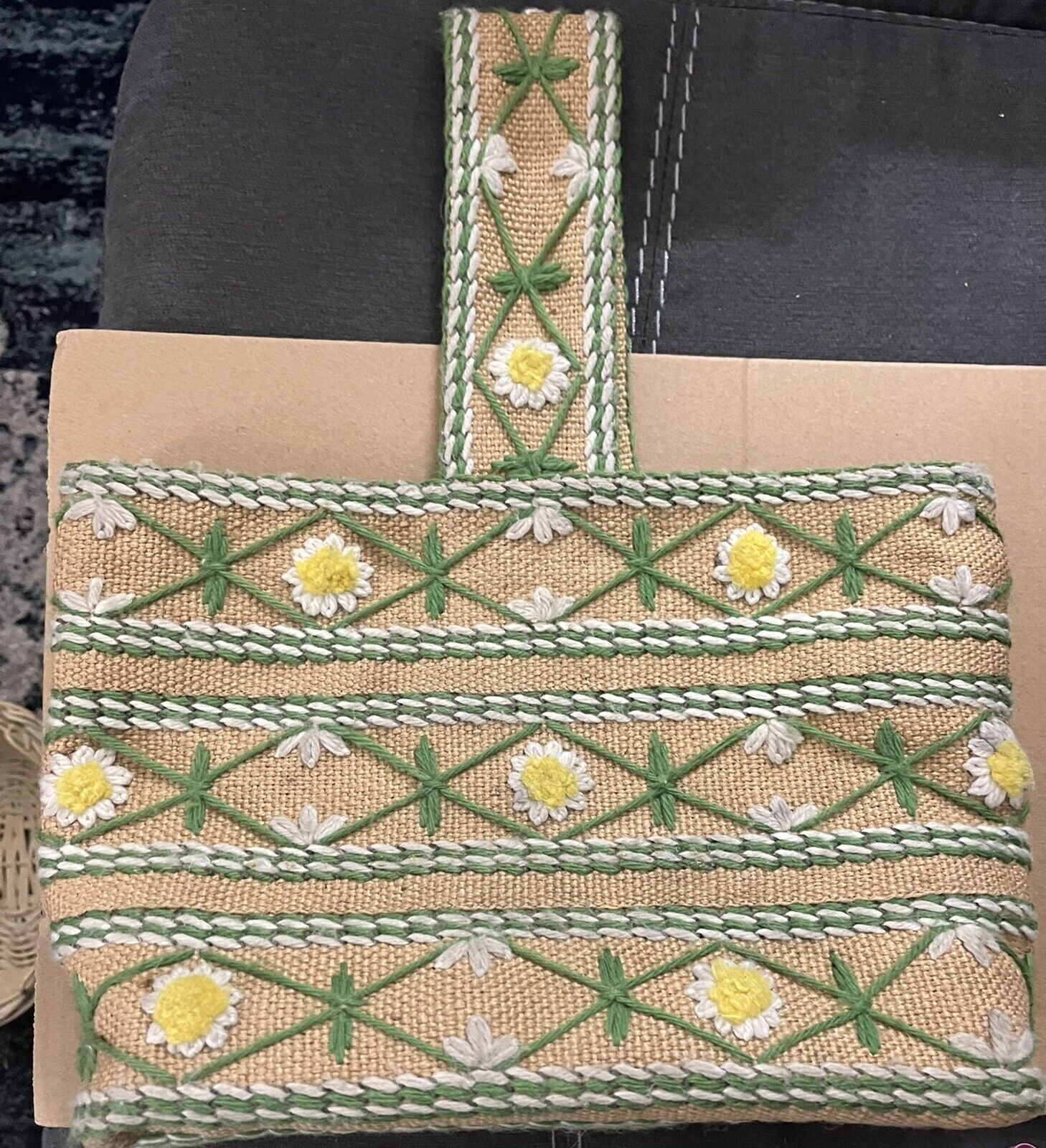 Yellow And White Tote Bag Tan Burlap Wool Yarn Embroidery 50s 60s Handbag